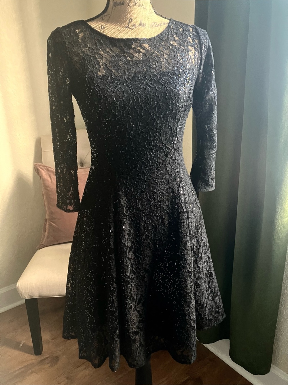 Black lace and sequin long sleeve special occasion dress